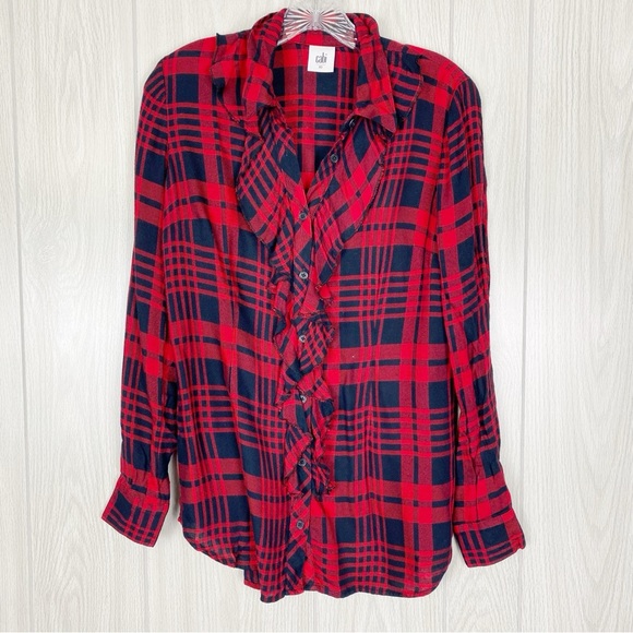 CAbi Tops - Cabi | Lodge Ruffle Red & Black Plaid Button Down Shirt Size XS